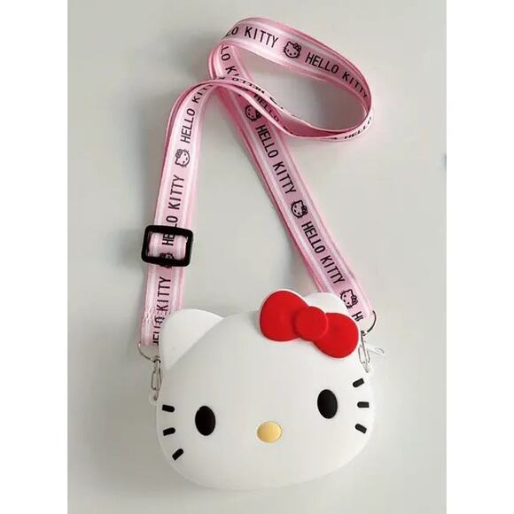 Purse Girls Small White Silicone Cross-body Bag with Red Bow with Printed Strap - Picture 5 of 6